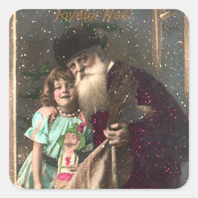 Antique Santa and Girl Christmas Square Sticker (Front)