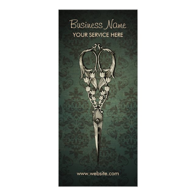 Antique Scissor Elegant Damask Hair Salon Rack Card (Front)