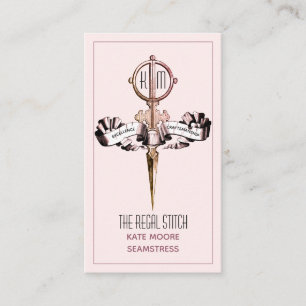 Antique Scissors And Banner Pink Seamstress Business Card