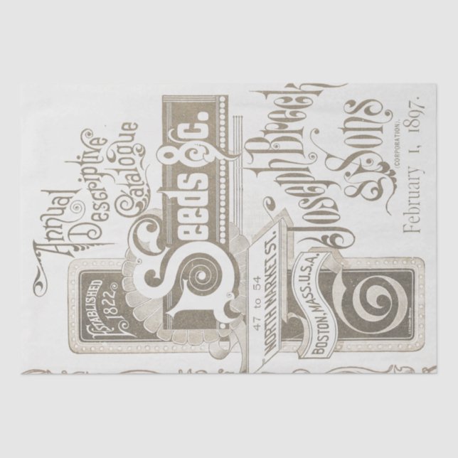 Antique Seed Catalogue Typography Decoupage Taupe Tissue Paper (Front)