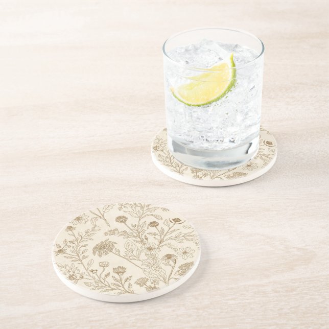 Antique Sepia Botanical Line Art Floral Pattern Coaster (Side)