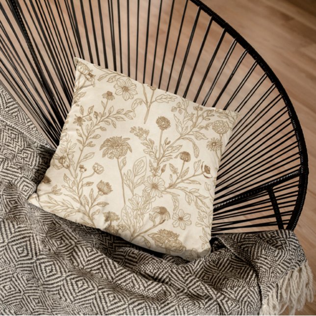 Antique Sepia Botanical Line Art Floral Pattern Cushion (Creator Uploaded)