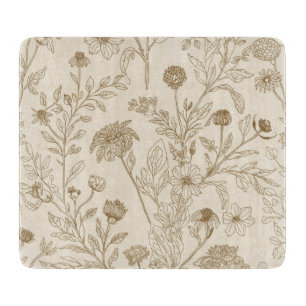Antique Sepia Botanical Line Art Floral Pattern Cutting Board