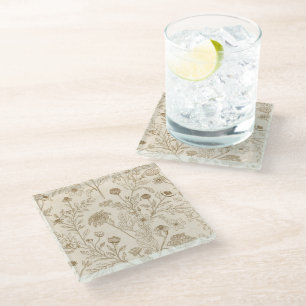 Antique Sepia Botanical Line Art Floral Pattern Glass Coaster
