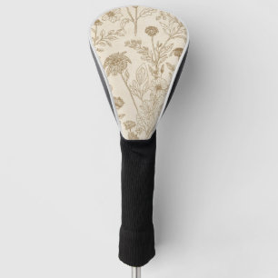 Antique Sepia Botanical Line Art Floral Pattern Golf Head Cover
