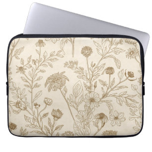 Antique Sepia Botanical Line Art Floral Pattern Laptop Sleeve