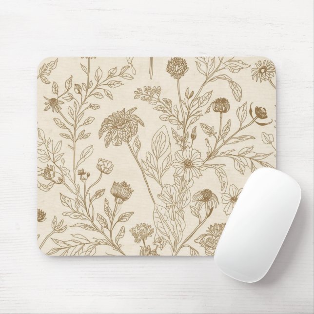 Antique Sepia Botanical Line Art Floral Pattern Mouse Pad (With Mouse)
