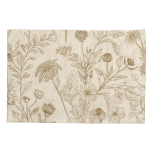 Antique Sepia Botanical Line Art Floral Pattern Pillowcase