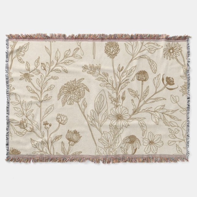 Antique Sepia Botanical Line Art Floral Pattern Throw Blanket (Front)