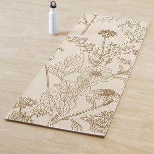 Antique Sepia Botanical Line Art Floral Pattern Yoga Mat
