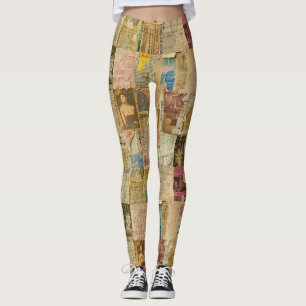 Antique Sepia Portrait Newspaper Scrapbook Leggings