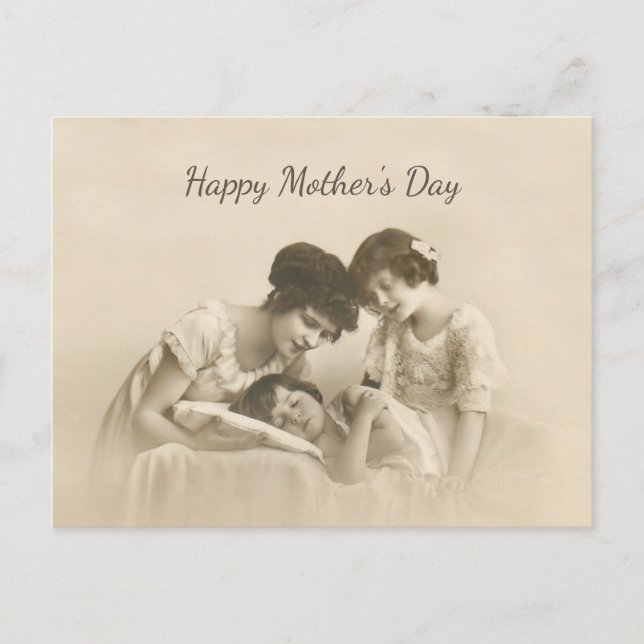 Antique Sepia Portrait of Mother and Children Holiday Postcard (Front)