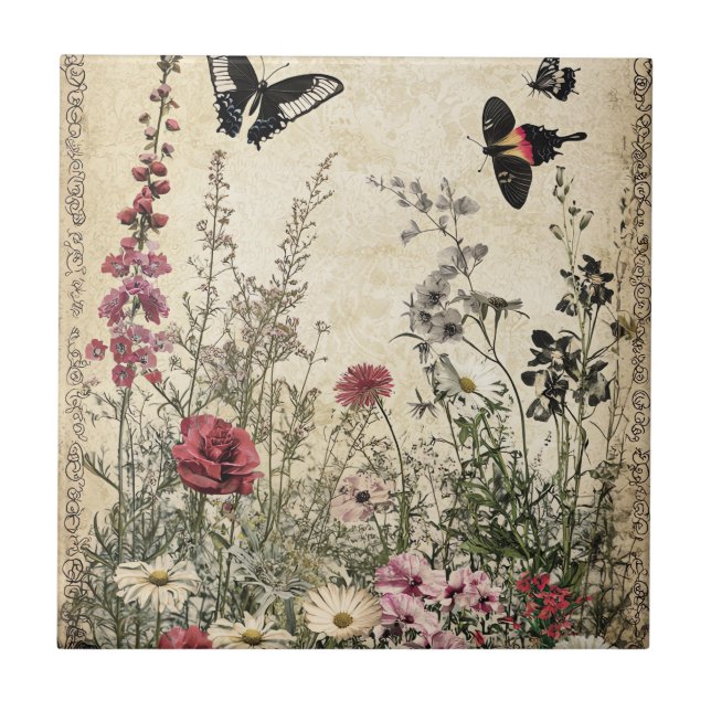 Antique Sepia Wildflower Meadow Butterfly Tile (Front)