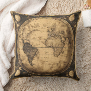Antique Sepia World Map Vintage Engraving Cushion