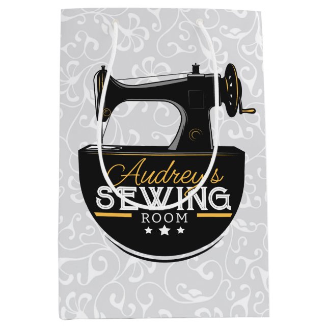 Antique Sewing Machine ADD NAME Seamstress Tailor Medium Gift Bag (Front)