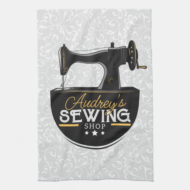 Antique Sewing Machine ADD NAME Seamstress Tailor Tea Towel (Vertical)