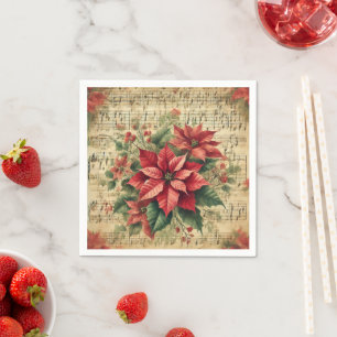 Antique Sheet Music Holiday Poinsettia Découpage Napkin
