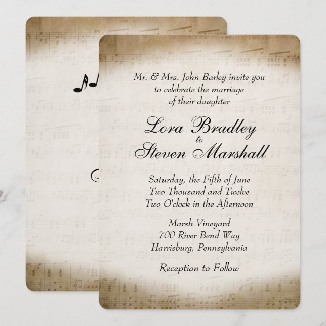 Antique Sheet Music Theme Wedding Invitation (Front/Back)