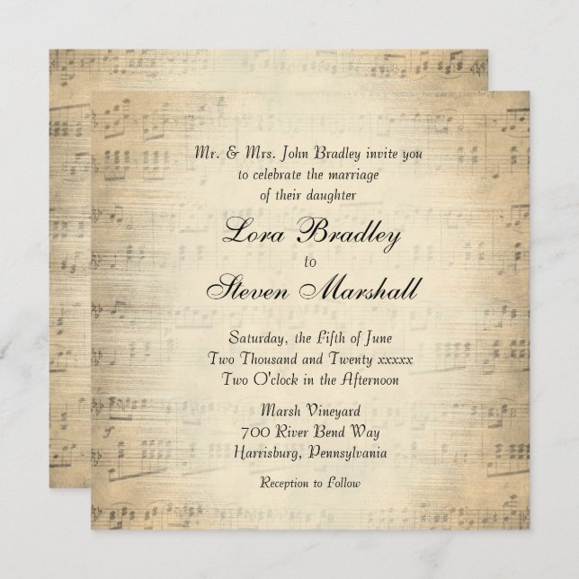 Antique Sheet Music Wedding Theme Invitation (Front/Back)