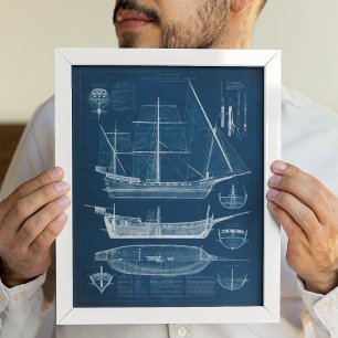 Antique Ship Blueprint I Poster