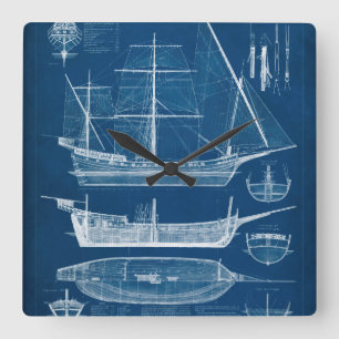 Antique Ship Blueprint I Square Wall Clock
