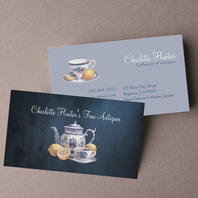 Antique shop Chinoiserie blue teapot lemons Busine Business Card (Creator Uploaded)