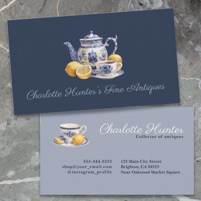 Antique shop Chinoiserie blue teapot lemons Business Card (Creator Uploaded)