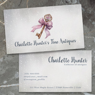 Antique shop, elegant vintage brass key pink bow business card