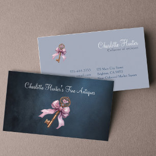 Antique shop, elegant vintage brass key pink bow business card