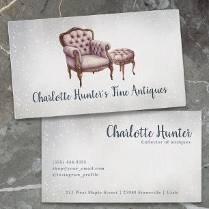 Antique shop, elegant vintage chair and ottoman business card