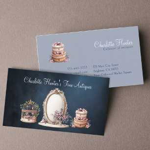Antique shop, elegant vintage mirror, bird cage business card