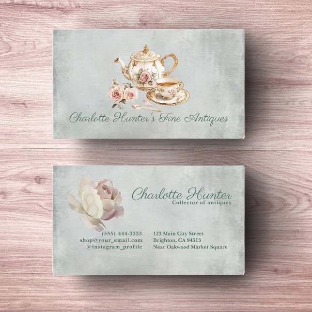 Antique shop ivory teapot & english roses business card (Creator Uploaded)