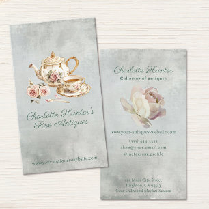Antique shop ivory teapot & english roses vertical business card