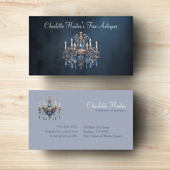 Antique shop, vintage old chandelier gold and blue business card (Creator Uploaded)