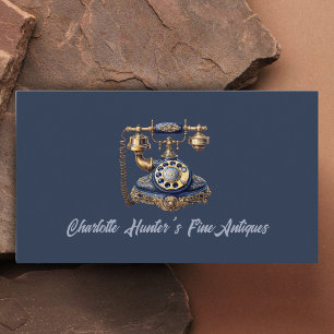 Antique shop, vintage old phone, gold and blue business card