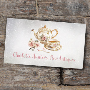 Antique shop, vintage old tea pot gold pink roses business card