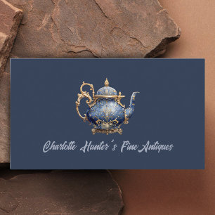 Antique shop, vintage tea pot, gold and blue business card