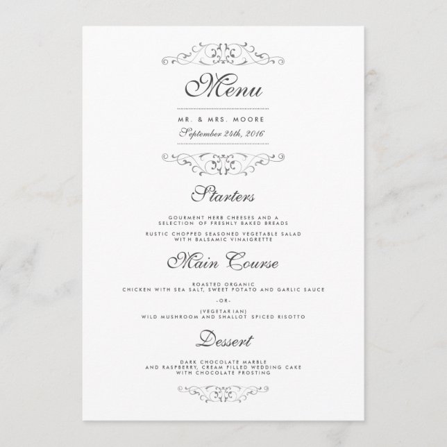 Antique Silver Flourish Wedding Dinner Menu (Front)