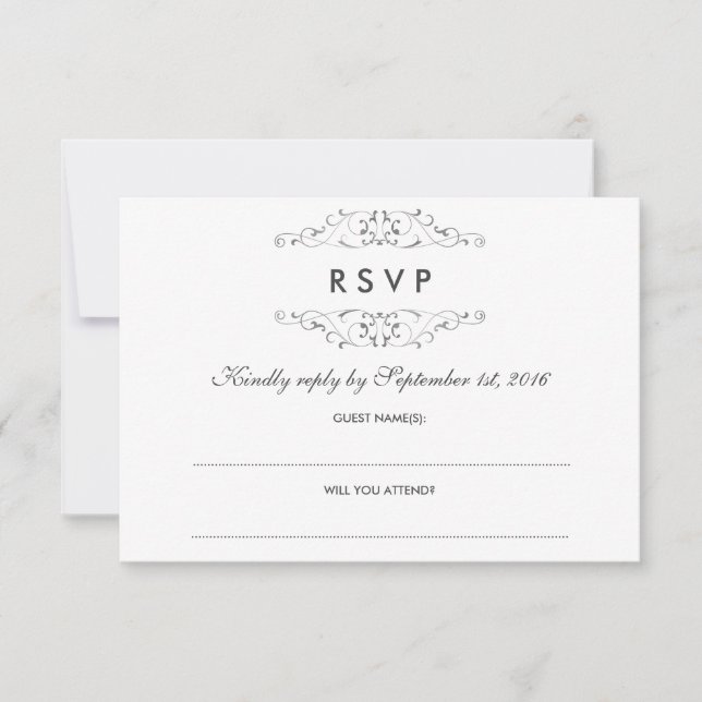 Antique Silver Flourish Wedding RSVP (Front)