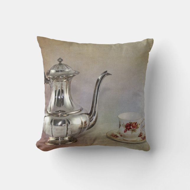 Antique Silver Tea Pot and Bone China Cup Cushion (Front)