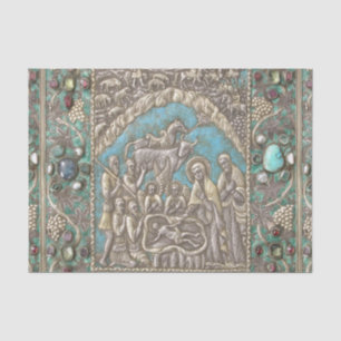 Antique Silver Turquoise Gems Nativity Scene Tiss Tissue Paper
