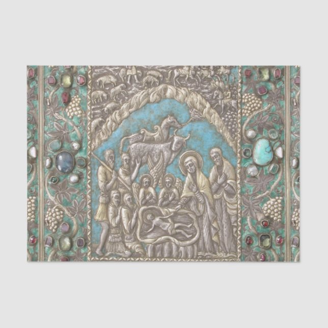 Antique Silver Turquoise Gems Nativity Scene  Tiss Tissue Paper (Front)