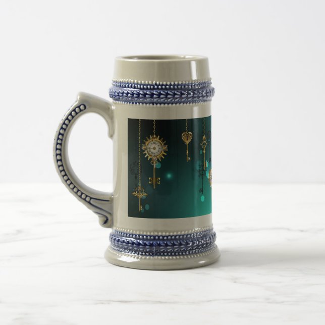 Antique Skeleton Keys on Green Background Beer Stein (Left)