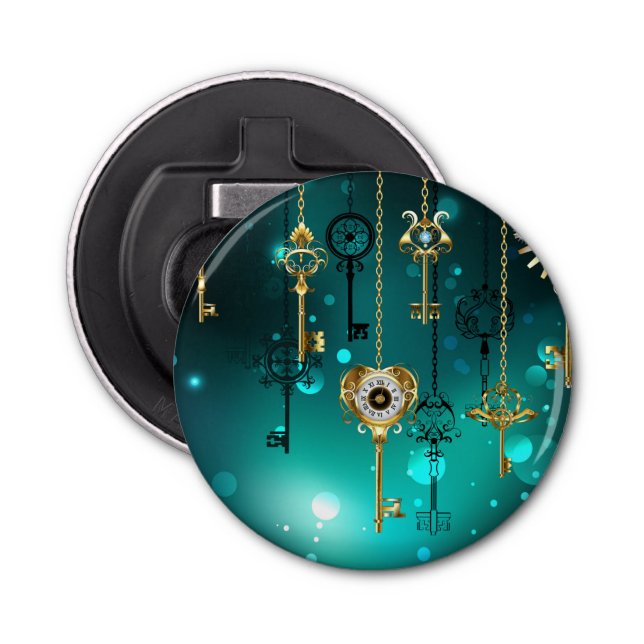 Antique Skeleton Keys on Green Background Bottle Opener (Front)