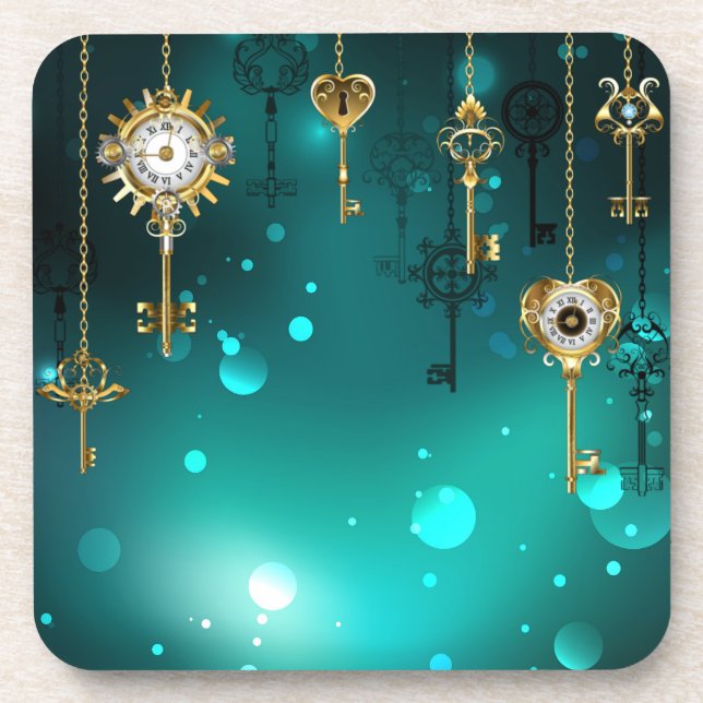 Antique Skeleton Keys on Green Background Coaster (Front)