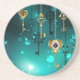 Antique Skeleton Keys on Green Background Coaster