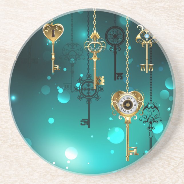 Antique Skeleton Keys on Green Background Coaster (Front)