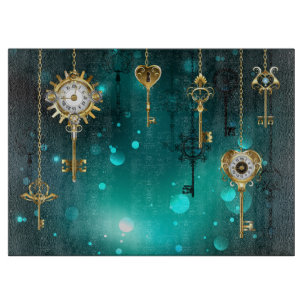 Antique Skeleton Keys on Green Background Cutting Board