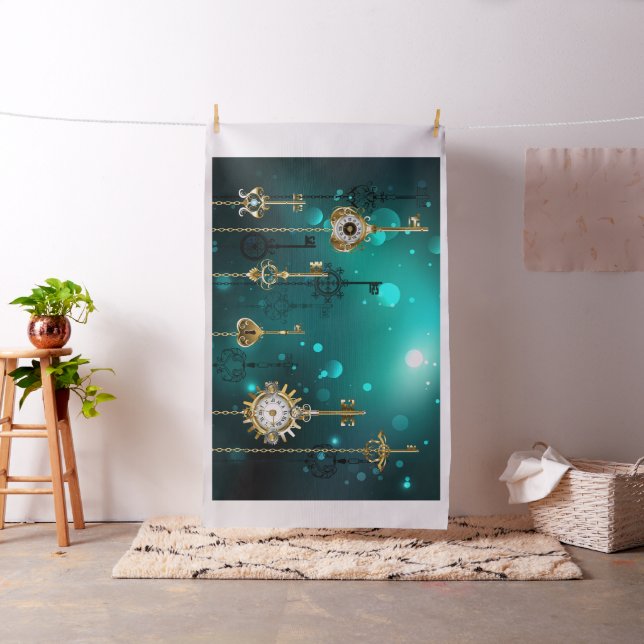 Antique Skeleton Keys on Green Background Fabric (In Situ)