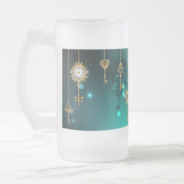 Antique Skeleton Keys on Green Background Frosted Glass Beer Mug (Left)